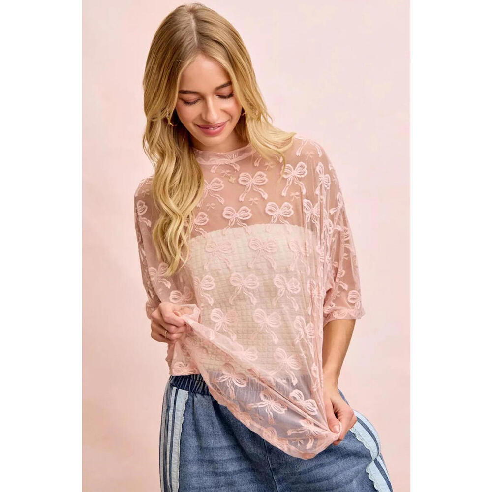 BiBi Bow Pattern Short Sleeves Boxy Mesh Top